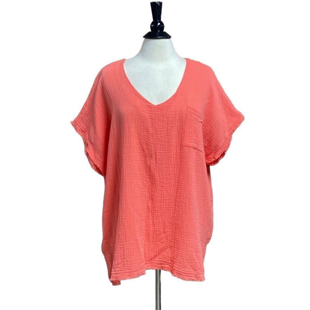Cotton Bleu Coral Frayed Edge Top Size 3X NEW